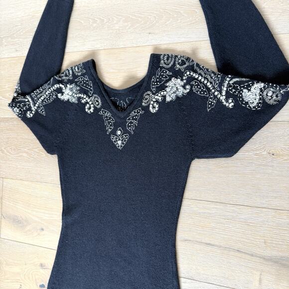 Vintage Sarah Taylor Black Knit Sequin Beaded Sweater Dress Silk Angora S - Picture 9 of 9